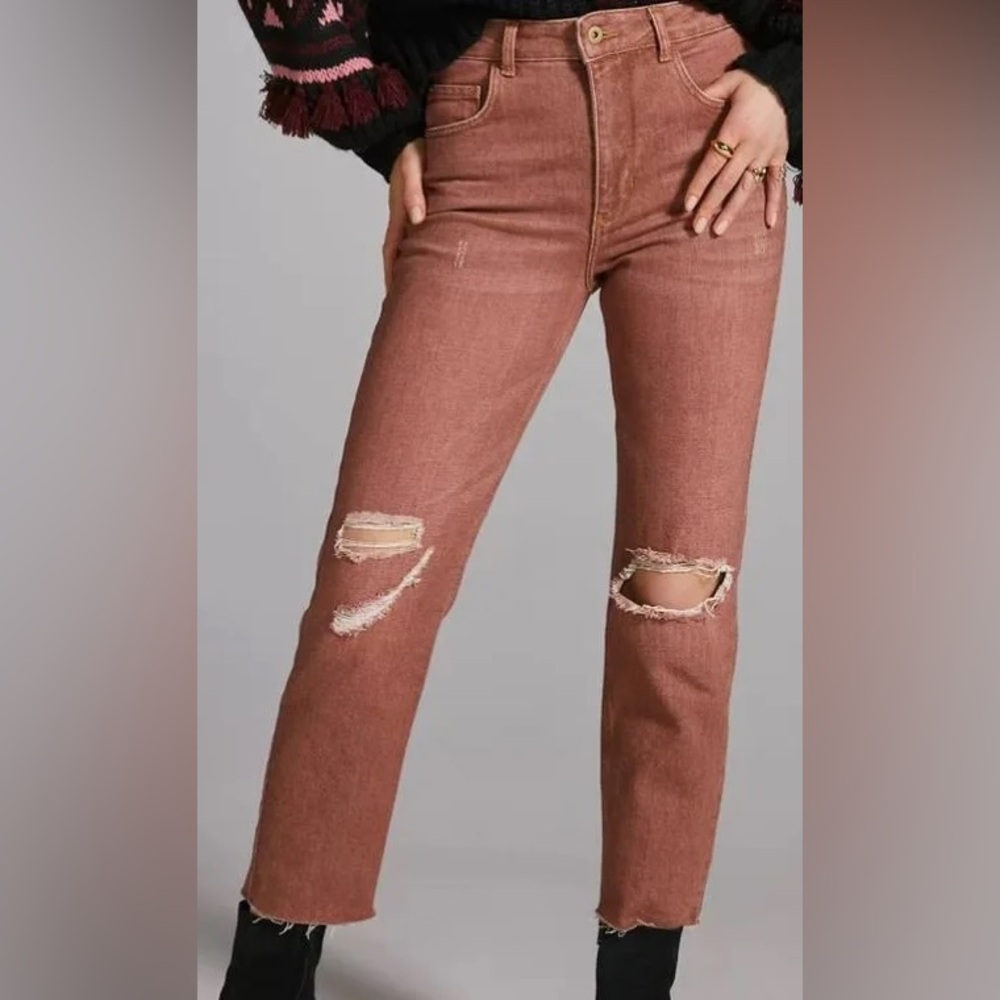 Pilcro Dusty Mauve Straight Leg Distressed Jeans